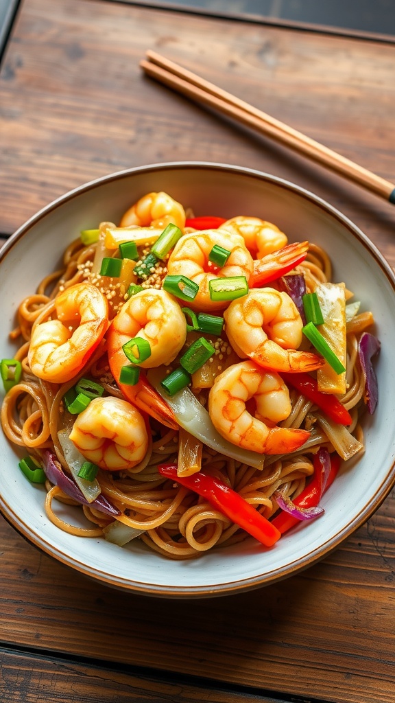 Shrimp yakisoba with noodles, bell peppers, and cabbage, garnished with green onions and sesame seeds on a rustic table.